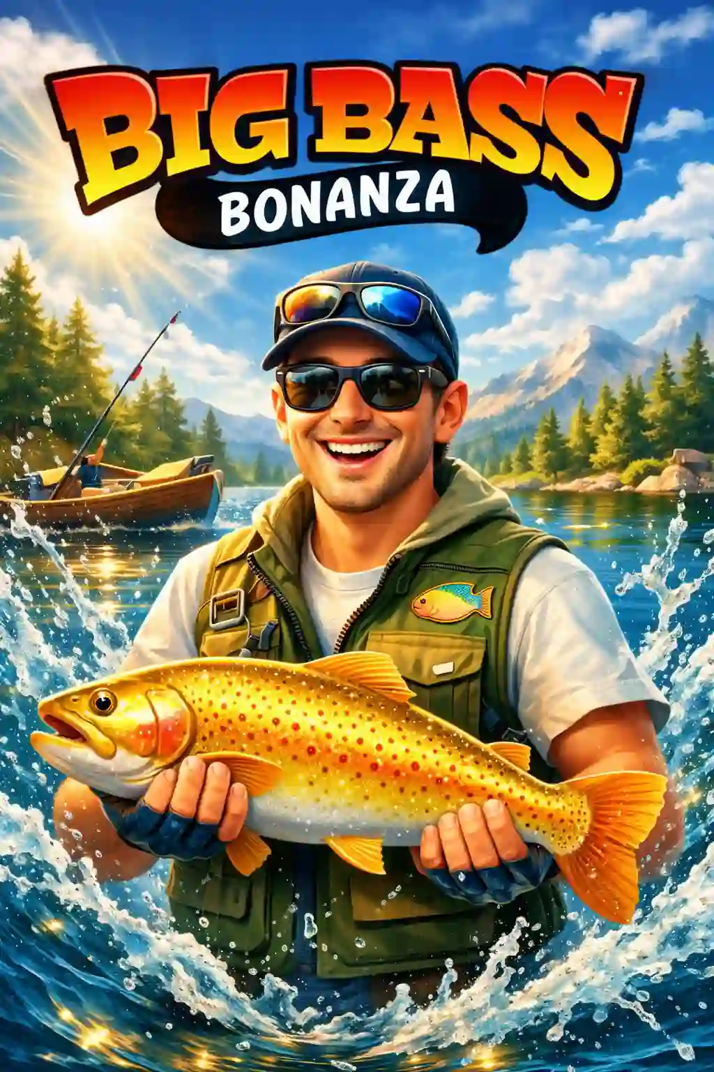 Big Bass Bonanza slot game with fisherman holding a large fish