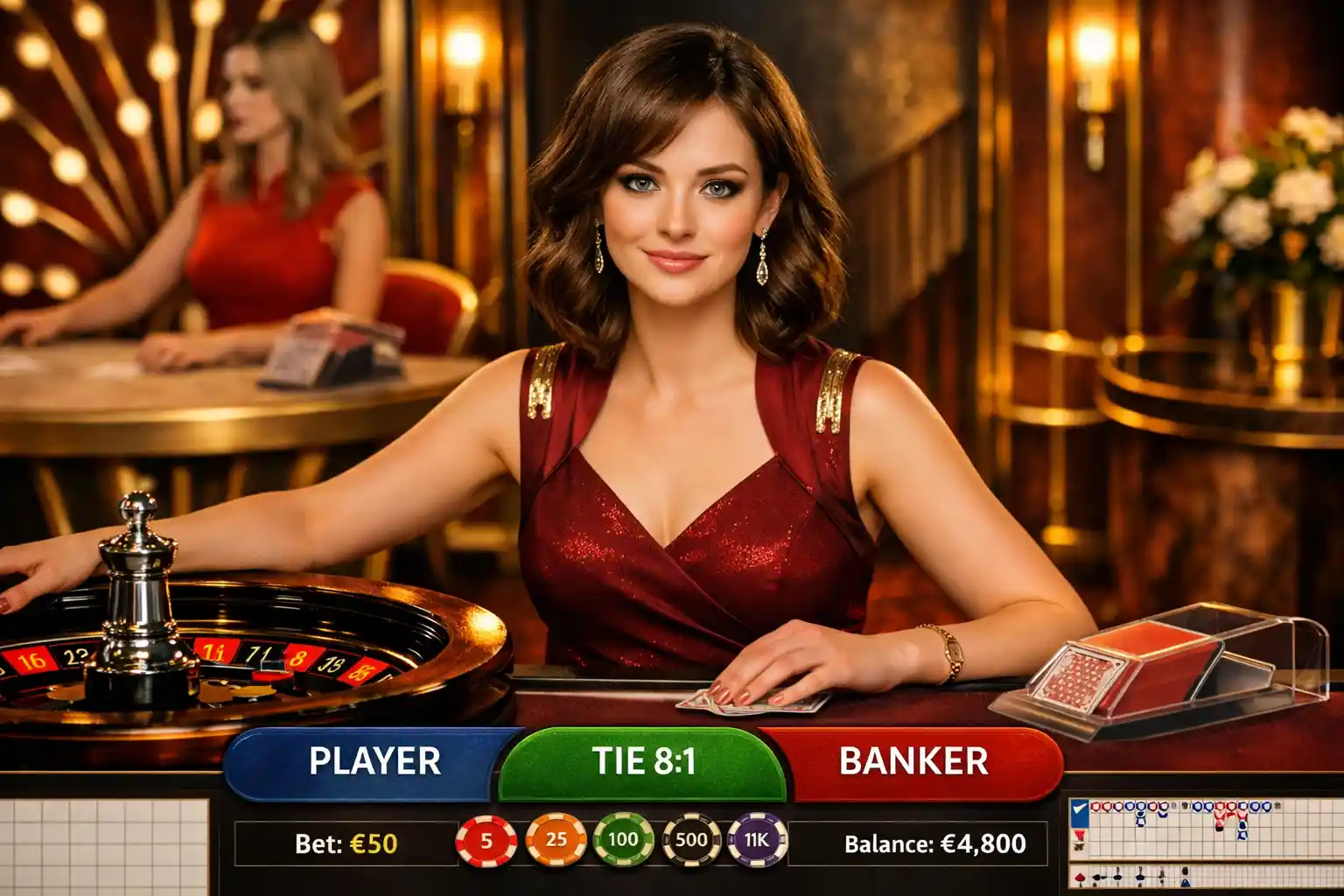 Live baccarat game with female dealer at casino table