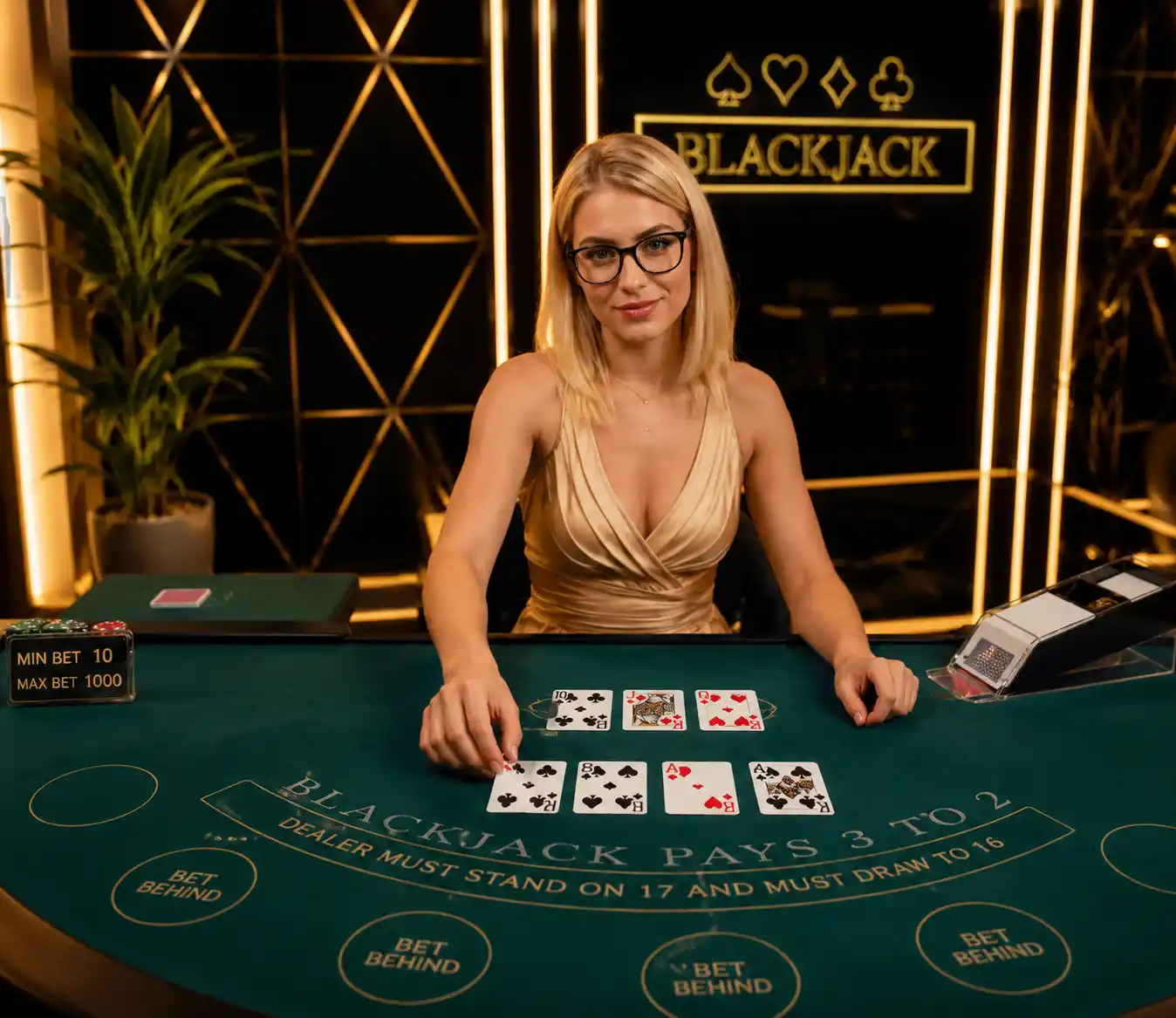 Live blackjack table with blonde female dealer