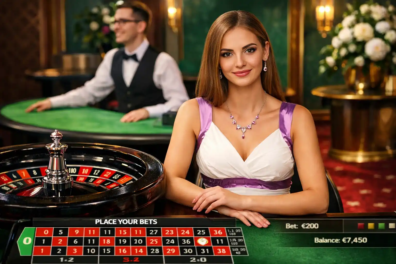 Live roulette table with dealer and croupier