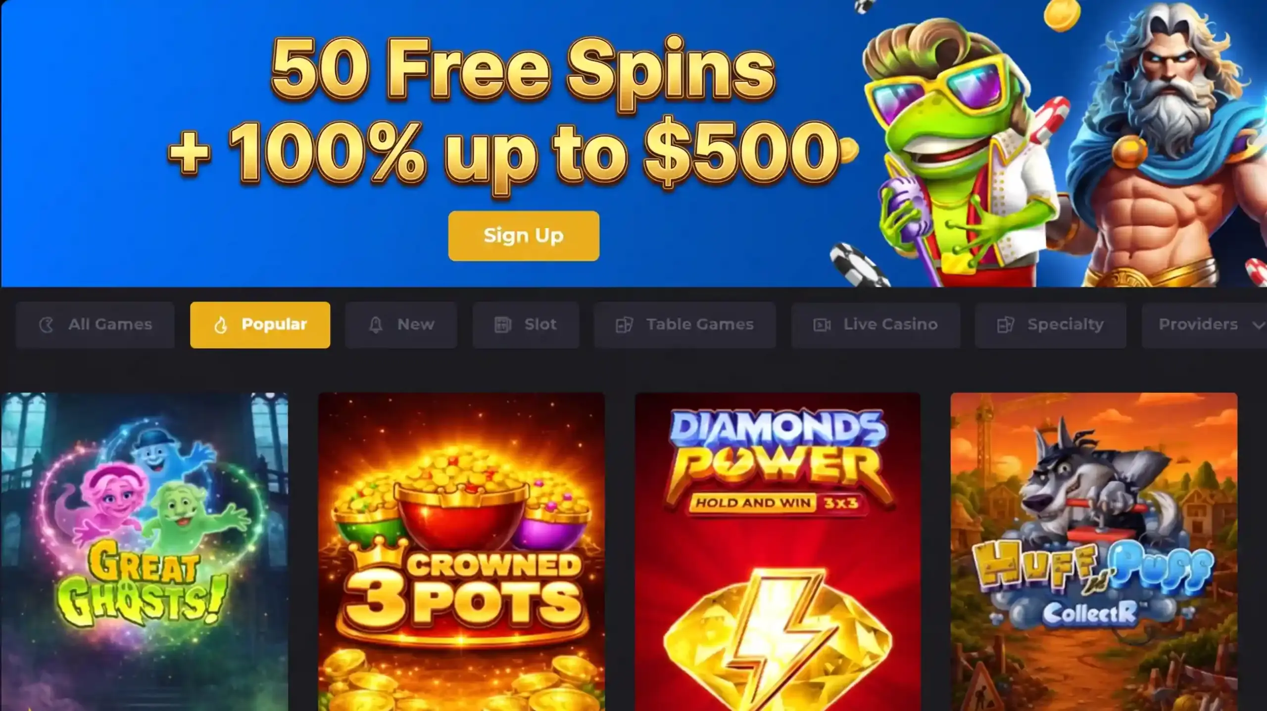 50 free spins and 100% bonus up to 500 dollars casino welcome offer
