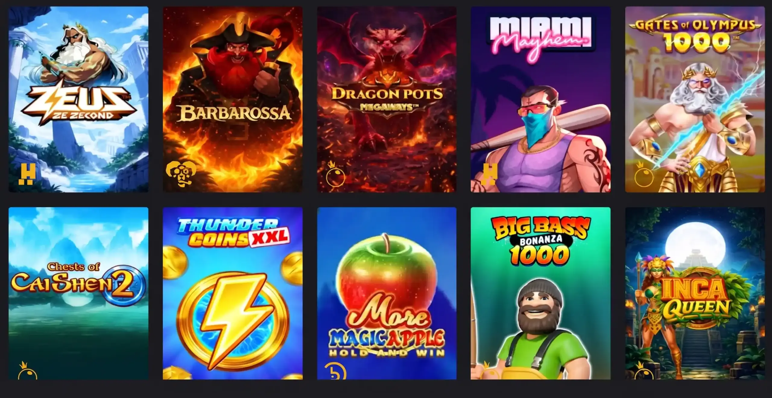 Popular online casino slots grid with Zeus Barbarossa Dragon Pots and more games